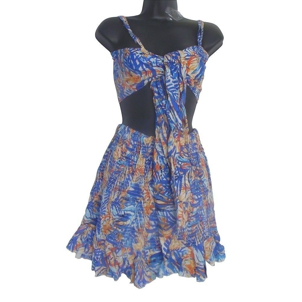 Tropical Blue Palm Print 2 Piece Set Smocked Mini Skirt and Tie Front Crop Top